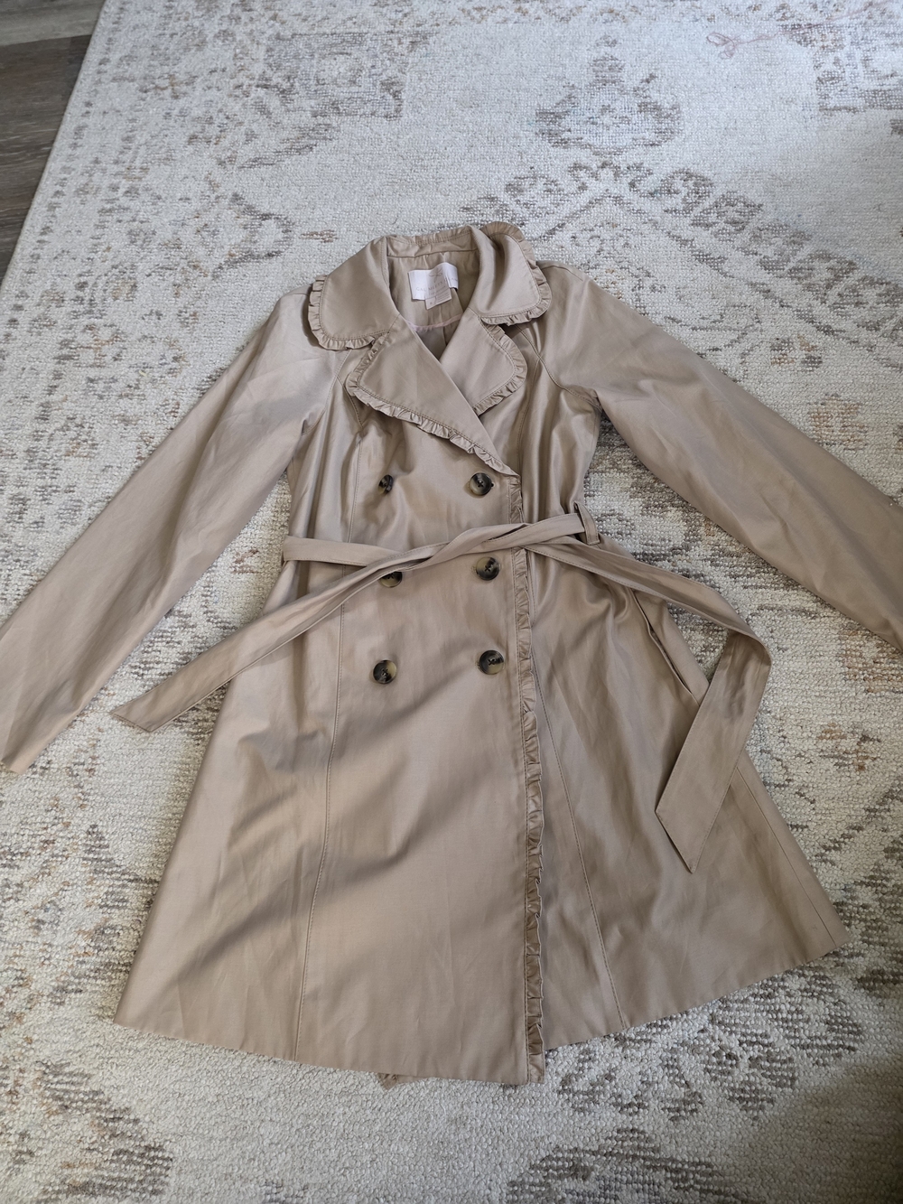 Gal Meets Glam Tan Ruffle-Trim Double-Breasted Trench Coat